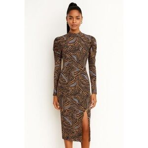 Diane Von Furstenberg Animal Print Puff Shoulder Slinky Long Sleeve Dress